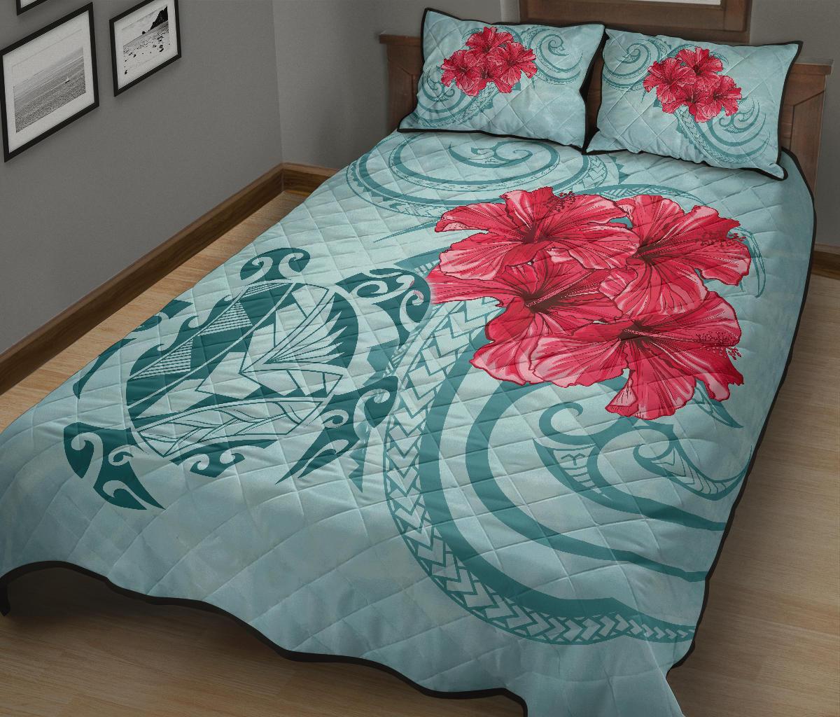 Hawaii Polynesian Turtle Hibiscus Blue Quilt Bed Set - Bless Style - Polynesian Pride