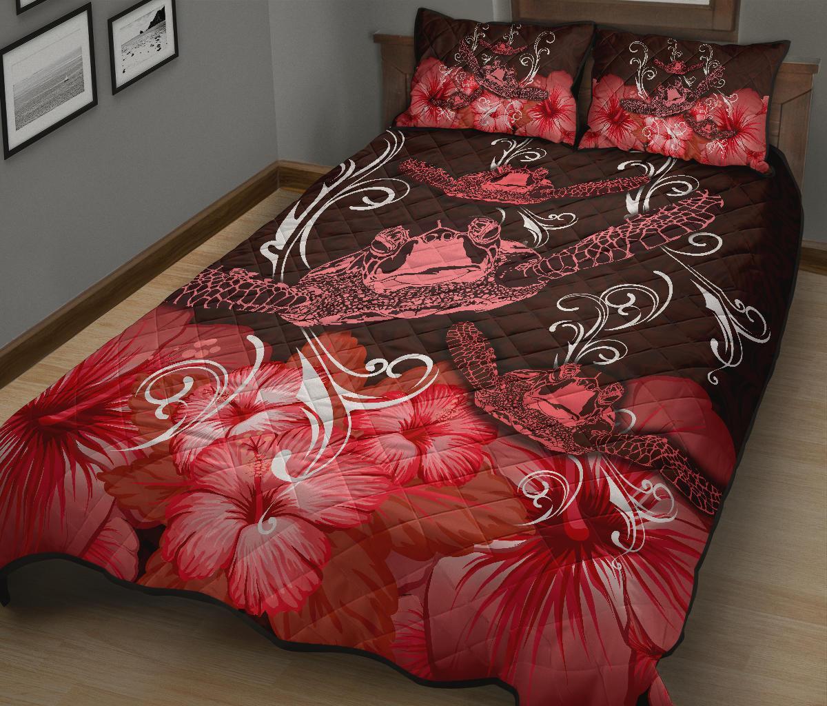 Hawaii Polynesian Turtle Waves Hibiscus Quilt Bed Set - Erik Style - AH - Red - Polynesian Pride