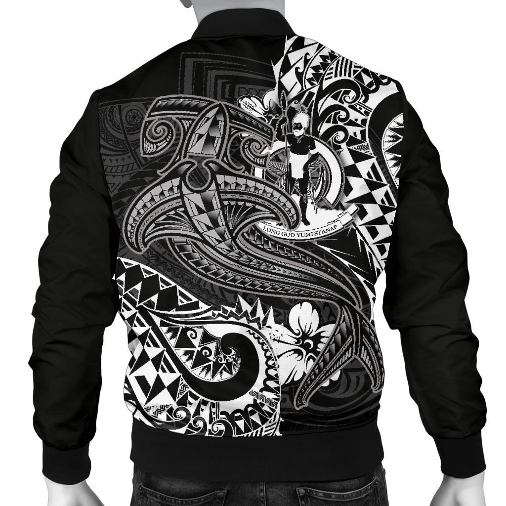 Vanuatu Polynesian Men's Bomber Jacket - White Shark Polynesian Tattoo - Polynesian Pride