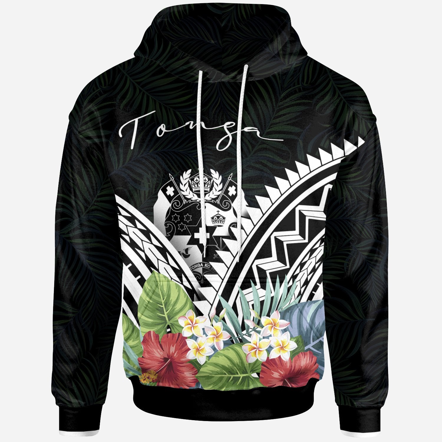 Tonga Hoodie Tonga Coat of Arms & Polynesian Tropical Flowers White Unisex White - Polynesian Pride