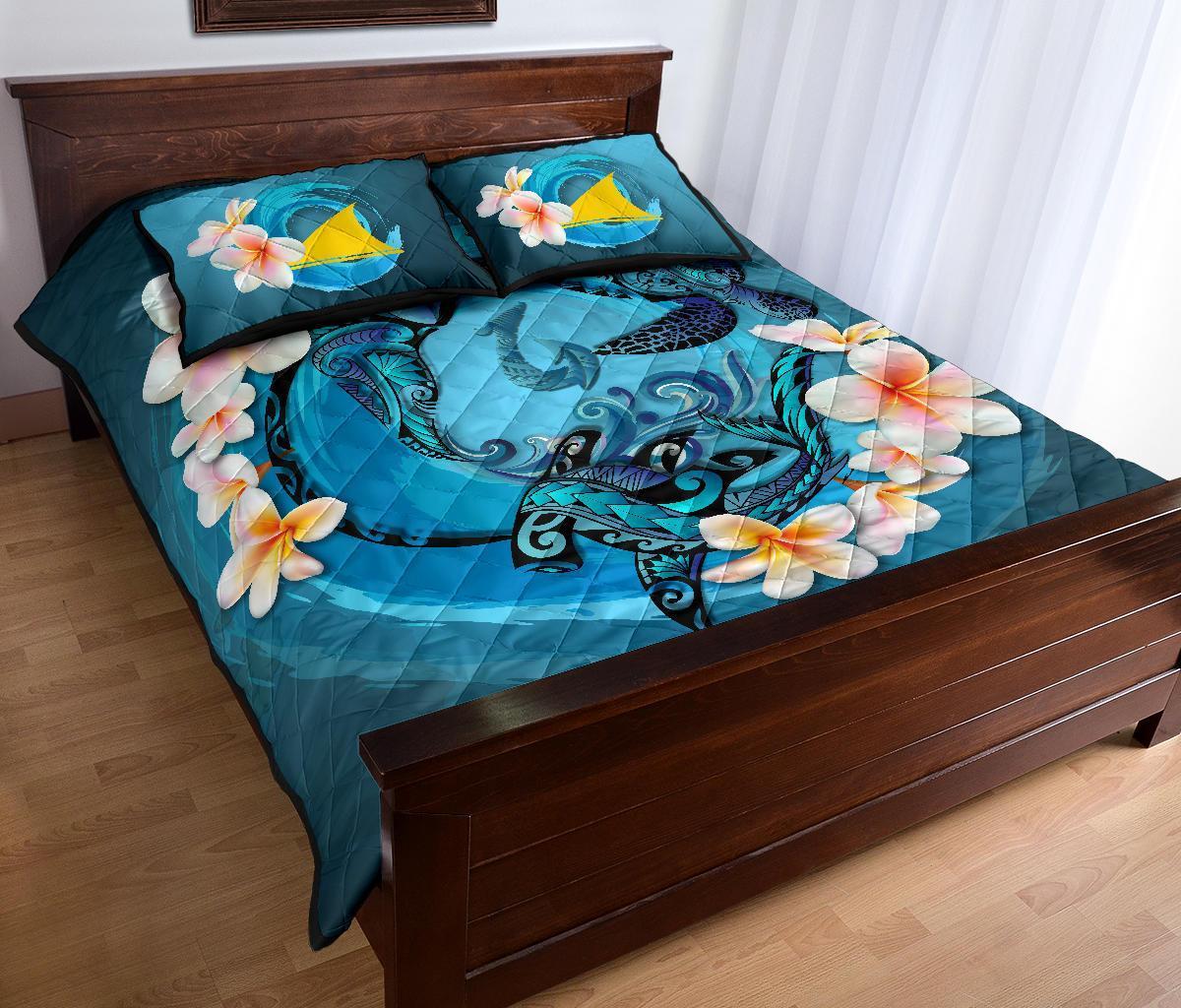 Tokelau Polynesian Quilt Bed Set - Blue Plumeria Animal Tattoo - Polynesian Pride