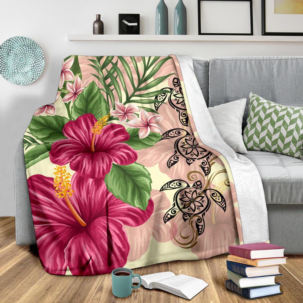 Hawaii Turtle Hibiscus Plumeria Beige Style - Premium Blanket AH - Polynesian Pride
