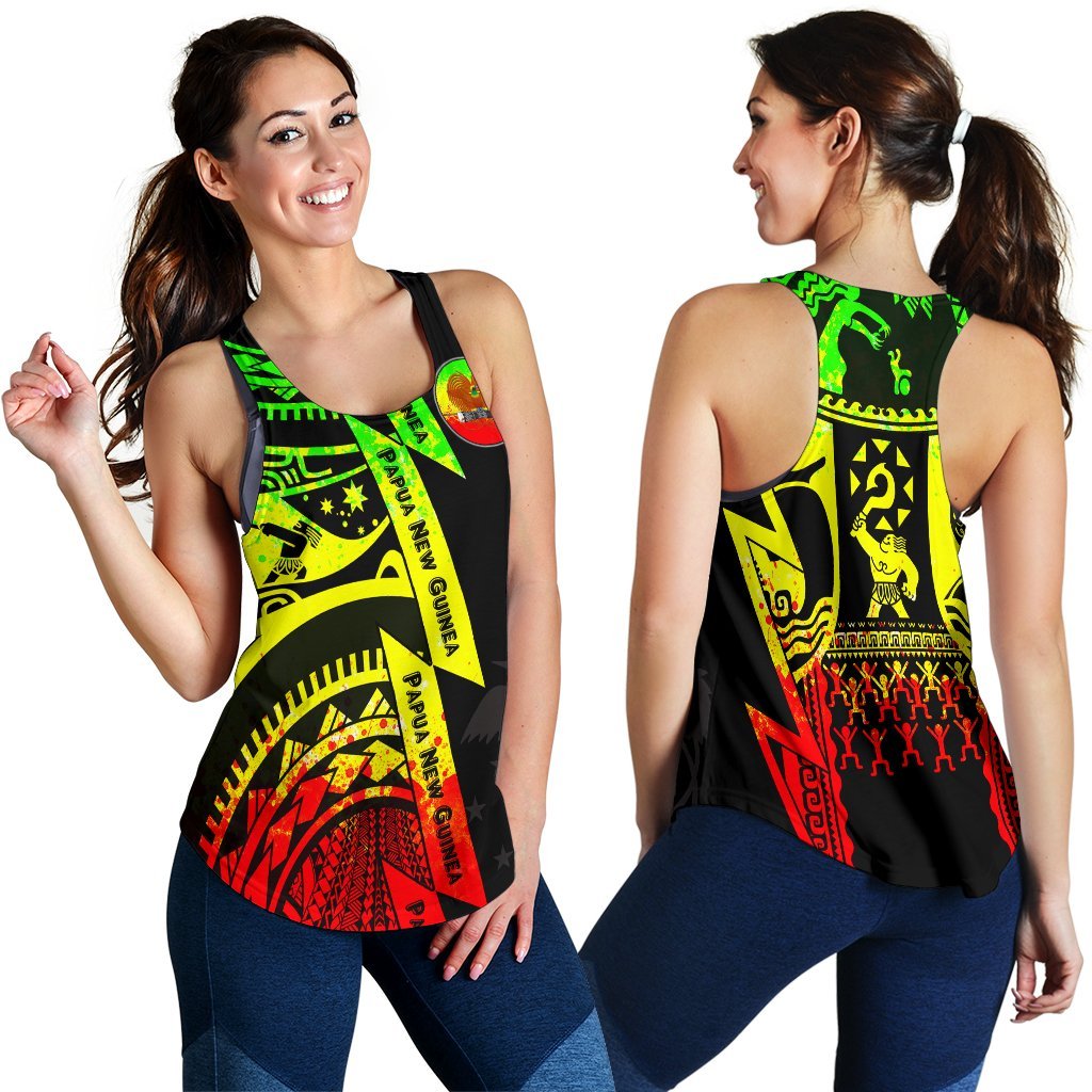 Polynesian Guinea Women's Racerback Tank - Moana Maui Tattoo With Coat Of Arm Guinea Reggae - Polynesian Pride