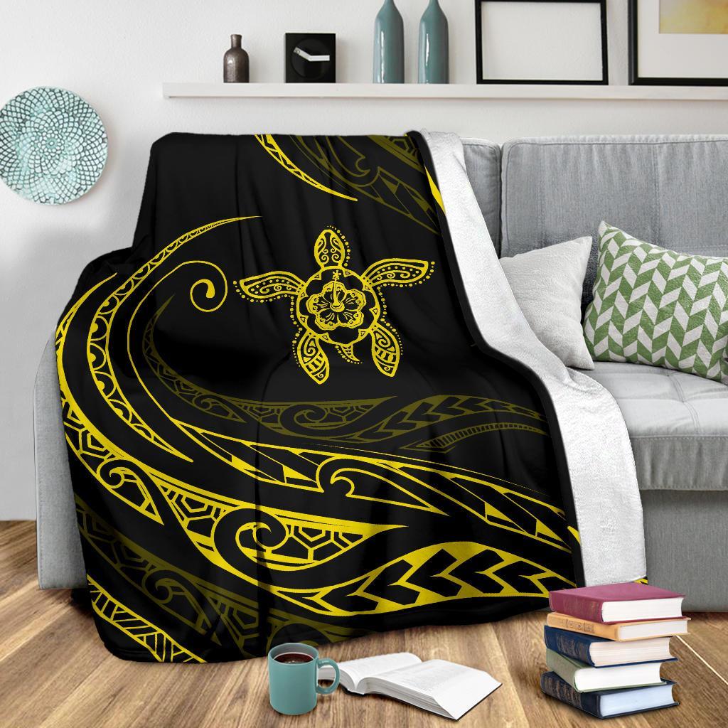 Hawaii Turtle Hibicus Premium Blanket - Frida Style - Yellow - Polynesian Pride