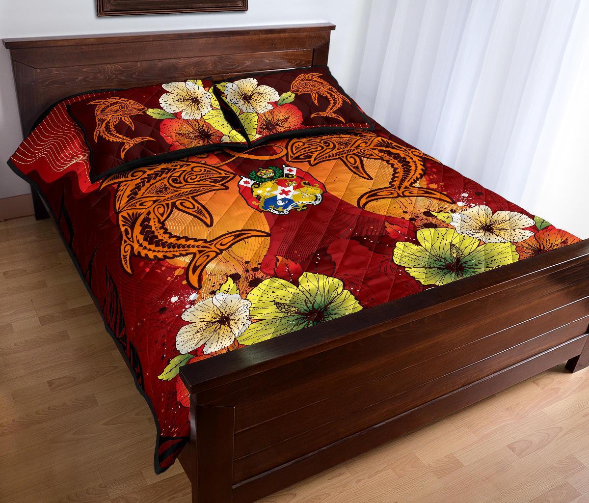 Tonga Custom Personalised Quilt Bed Sets - Tribal Tuna Fish Black - Polynesian Pride