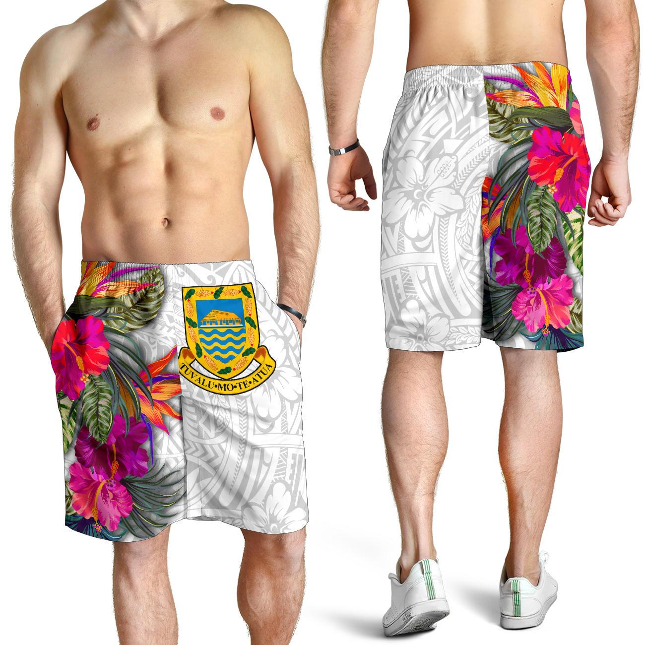 Tuvalu All Over Print Men's Shorts Polynesian Hibiscus White Pattern White - Polynesian Pride