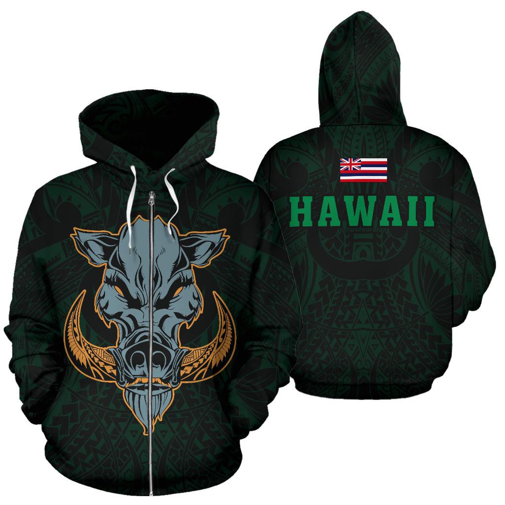 Polynesian Kamapuaa Flag of Hawaii Zip Hoodie Green Hawaiian Mythology Style Unisex Green - Polynesian Pride