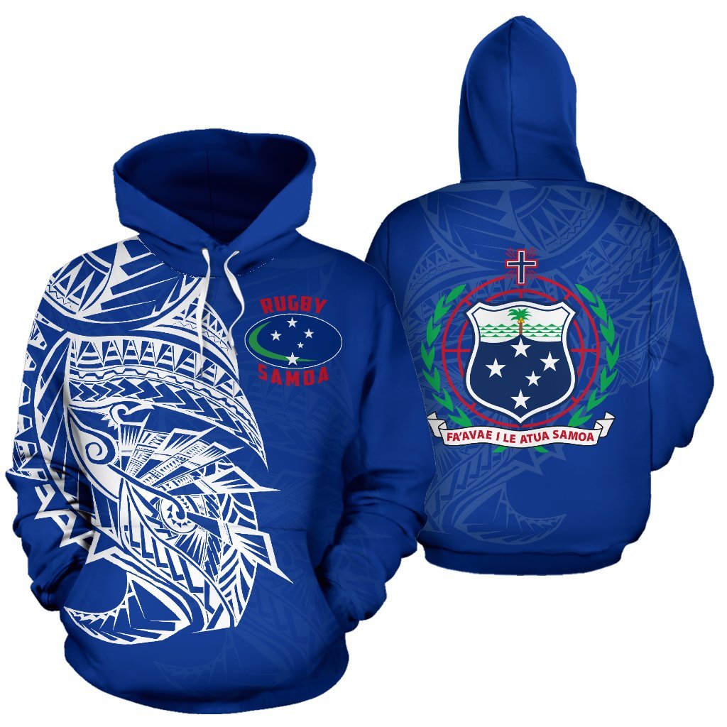 Samoa Rugby Hoodie Samoa Flag Rugby Coat of Arms Blue Unisex Blue - Polynesian Pride