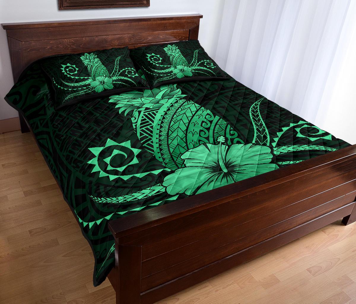 Hawaii Polynesian Pineapple Hibiscus Quilt Bed Set - Zela Style Green - Polynesian Pride