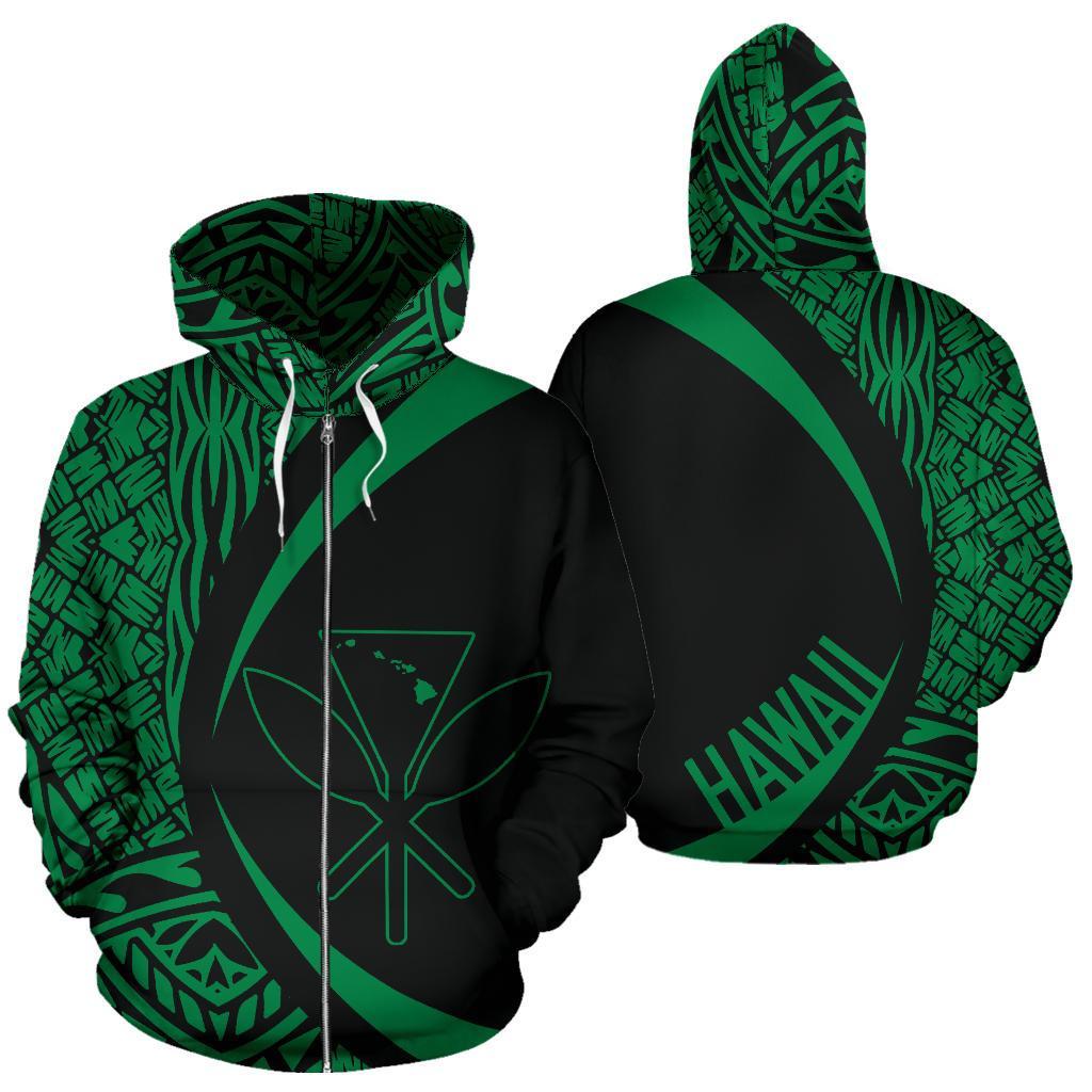 Polynesian Kanaka Maoli Map of Hawaii Zip Hoodie Green Circle Style Unisex Green - Polynesian Pride