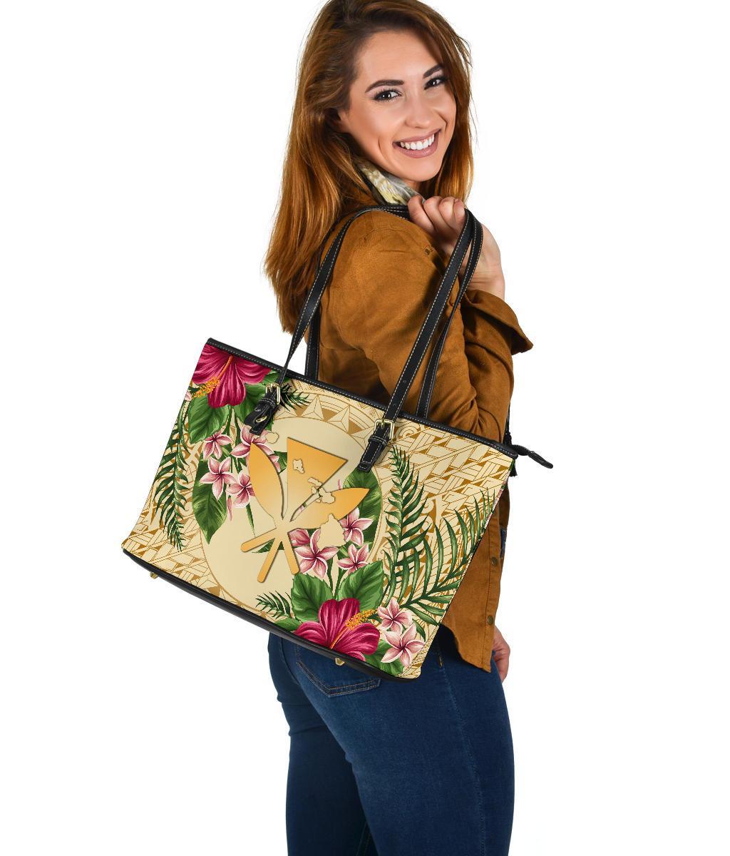Hawaii Leather Tote - Kanaka Maoli Large Leather Tote Strong Pattern Hibiscus Plumeria AH - Polynesian Pride