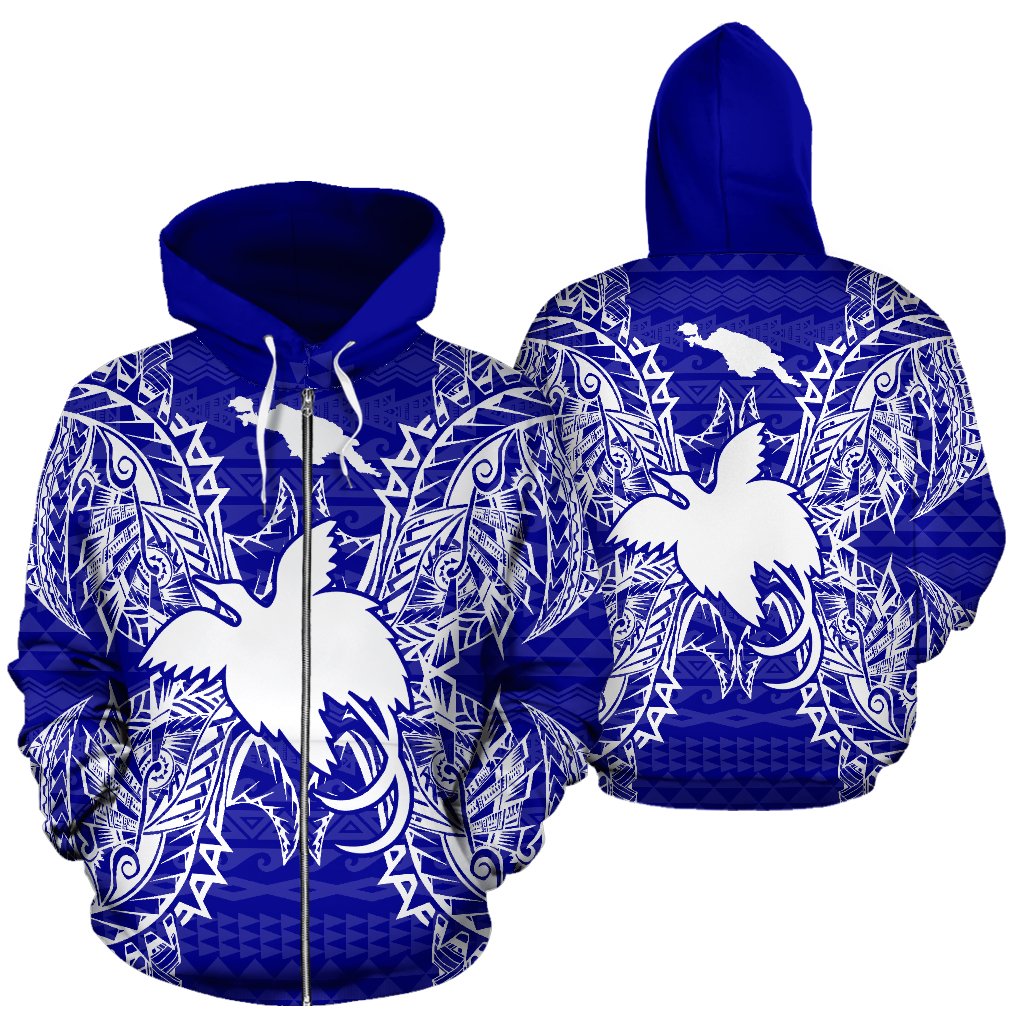 Papua New Guinea Polynesian All Over Zip up Hoodie Map Blue Unisex Blue - Polynesian Pride