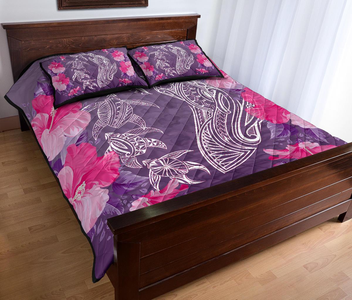 Hawaii Shark Turtle Hibiscus Quilt Bed Set - Wreath Style - AH - Polynesian Pride