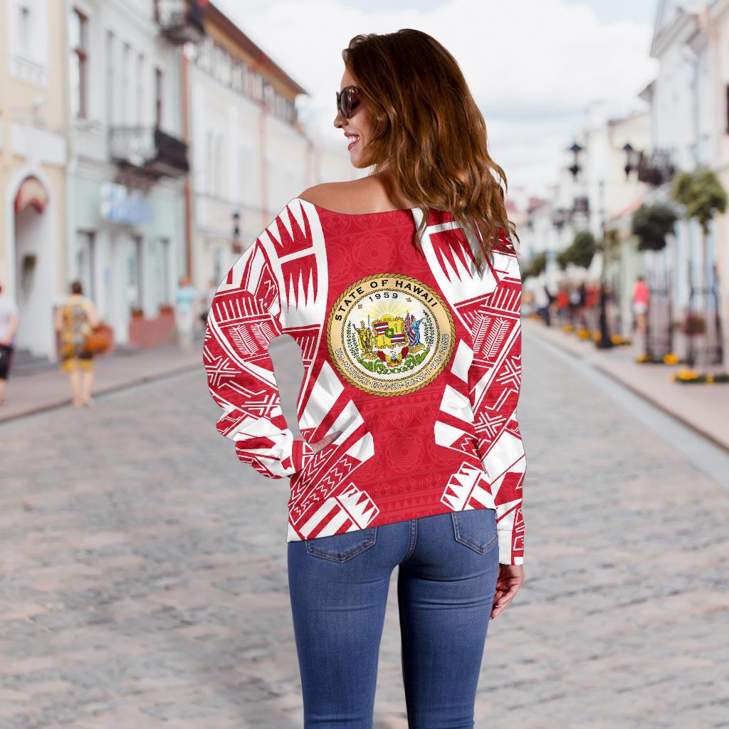 Hawaii Women's Off Shoulder Sweater - Polynesian Tattoo Flag - Polynesian Pride