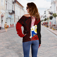 Philippines Polynesian Women's Off Shoulder Sweater - Coat Of Arm With Hibiscus - Polynesian Pride