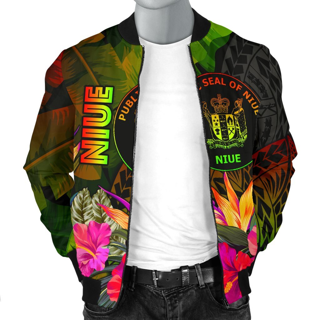 Niue Polynesian Men's Bomber Jacket - Hibiscus and Banana Leaves - Polynesian Pride
