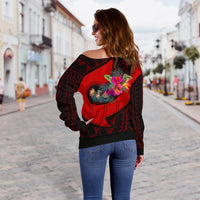 Papua New Guinea Women's Off Shoulder Sweater - Polynesian Hook And Hibiscus (Red) - Polynesian Pride