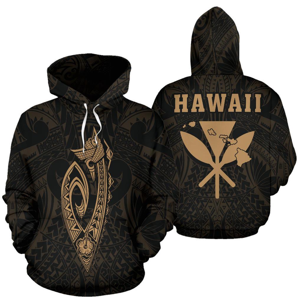 Polynesian Fish Hook Kanaka Map of Hawaii Hoodie Gold Unisex Gold - Polynesian Pride