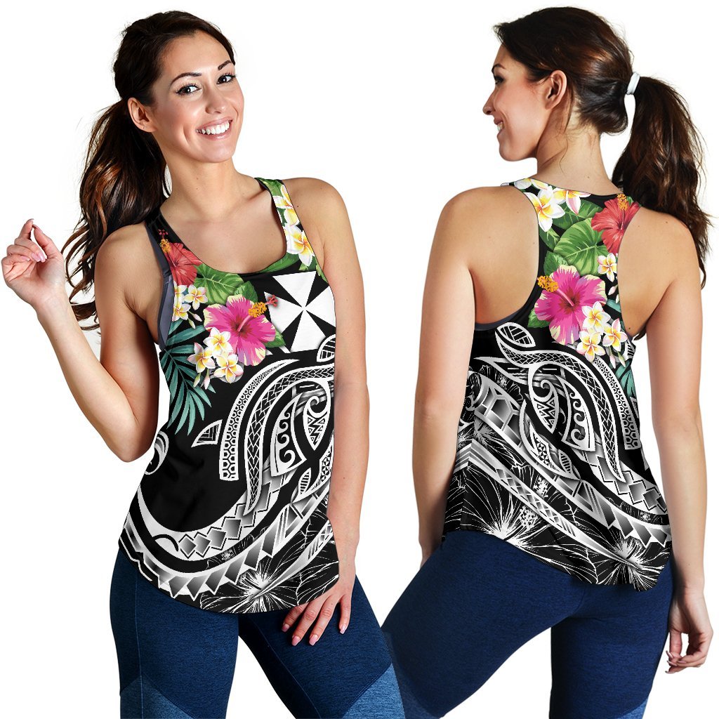 Wallis and Futuna Polynesian Women's Racerback Tank - Summer Plumeria (Black) - Polynesian Pride