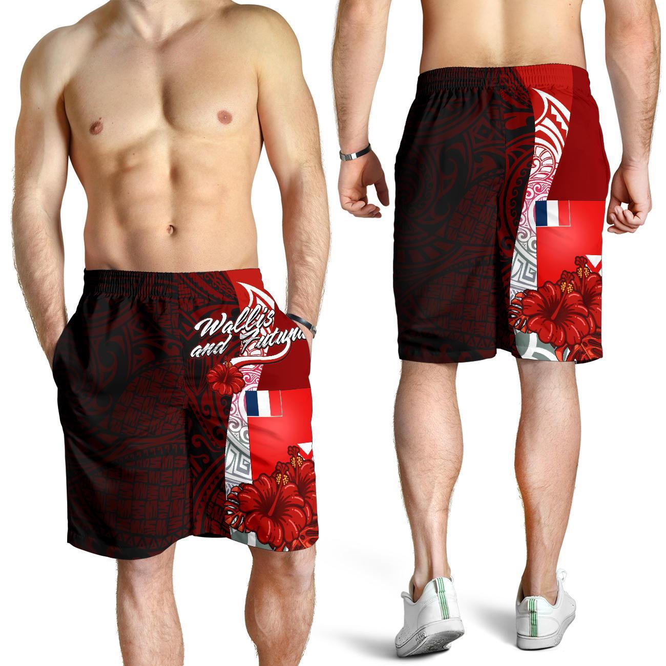 Wallis and Futuna Polynesian Men's Shorts - Coat Of Arm With Hibiscus Red - Polynesian Pride