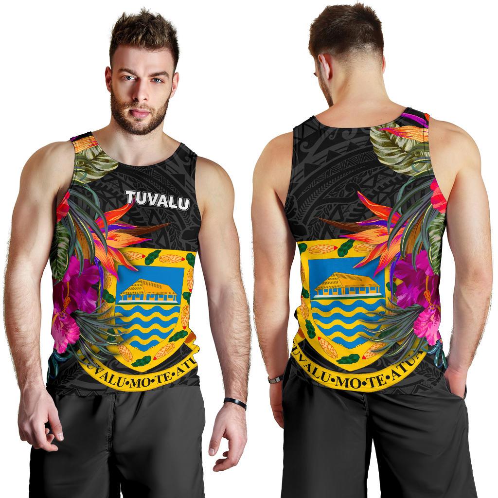 Tuvalu Men's Tank Top - Hibiscus Polynesian Pattern Black - Polynesian Pride