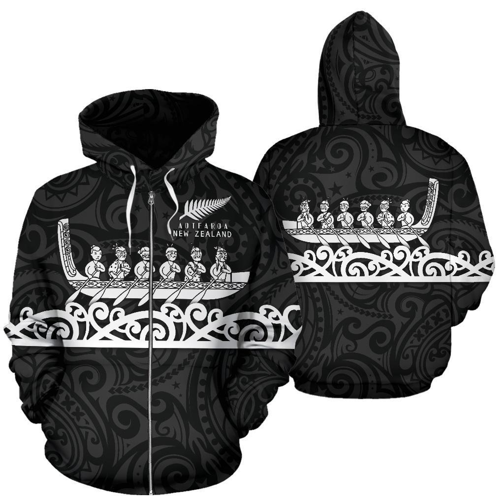 New Zealand Zip up Hoodie, Maori Waka Zipper Hoodie Black - Polynesian Pride
