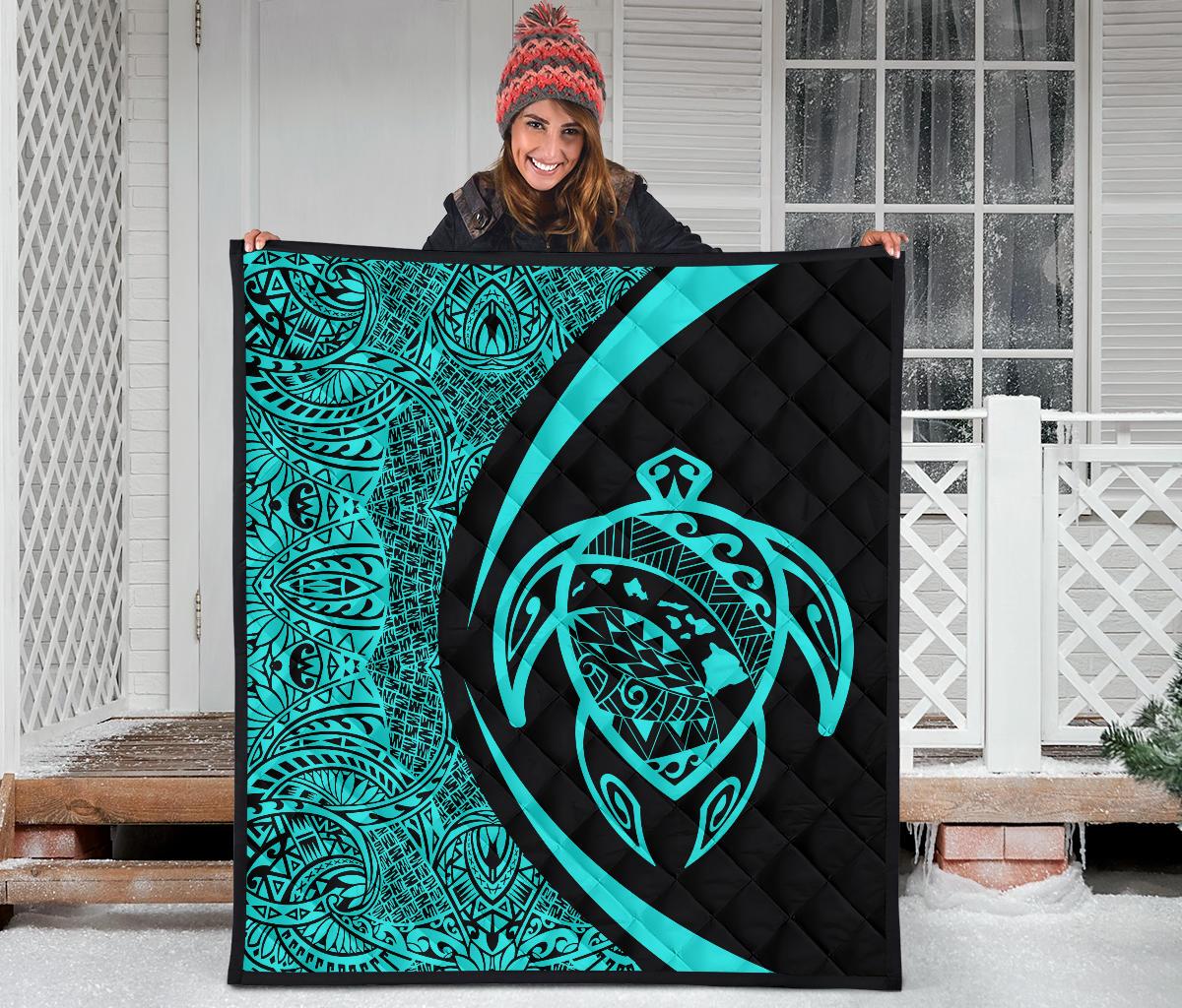 Hawaii Turtle Map Polynesian Premium Quilt - Turquoise - Circle Style - Polynesian Pride
