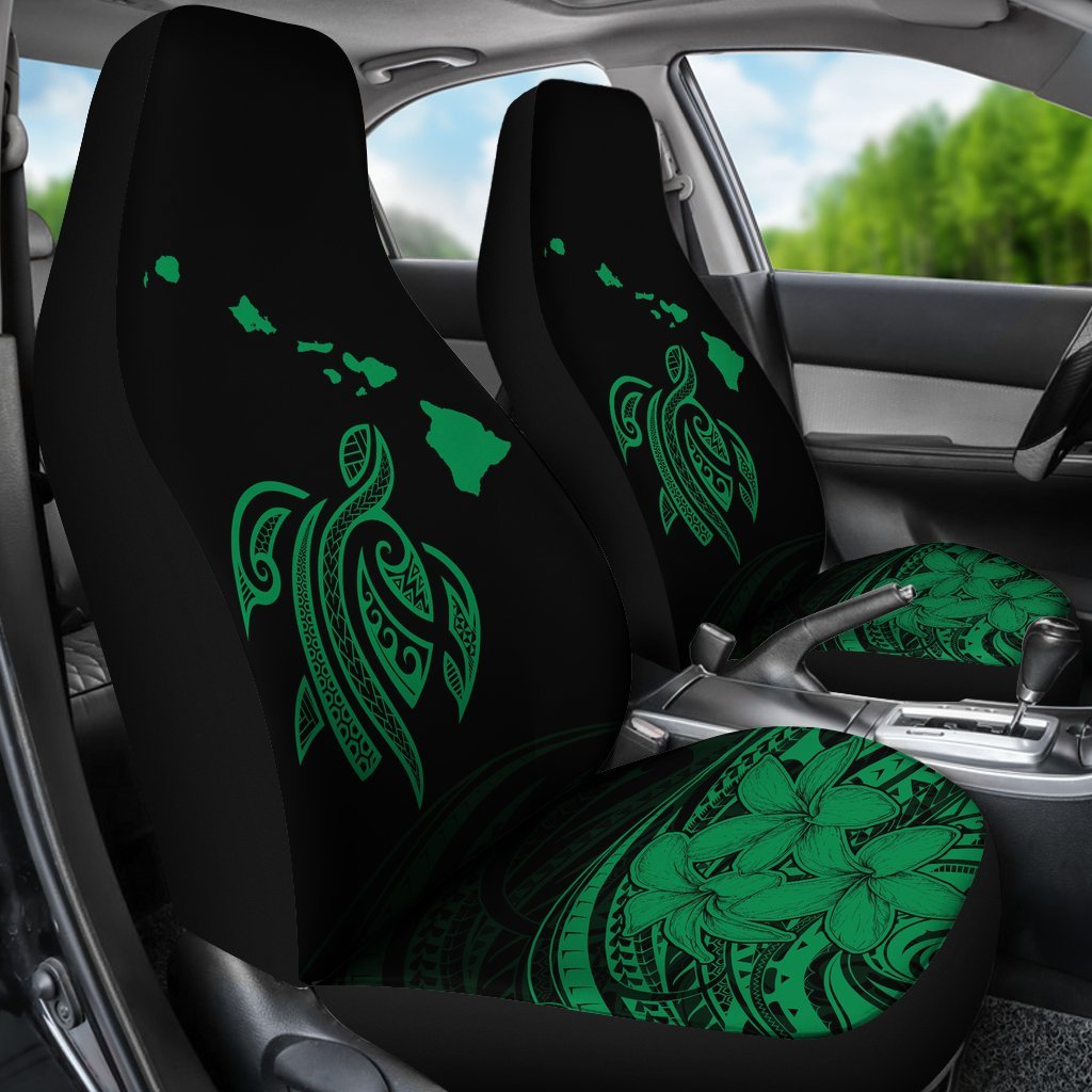 Hawaii Map Plumeria Polynesian Green Turtle Car Set Covers - Polynesian Pride