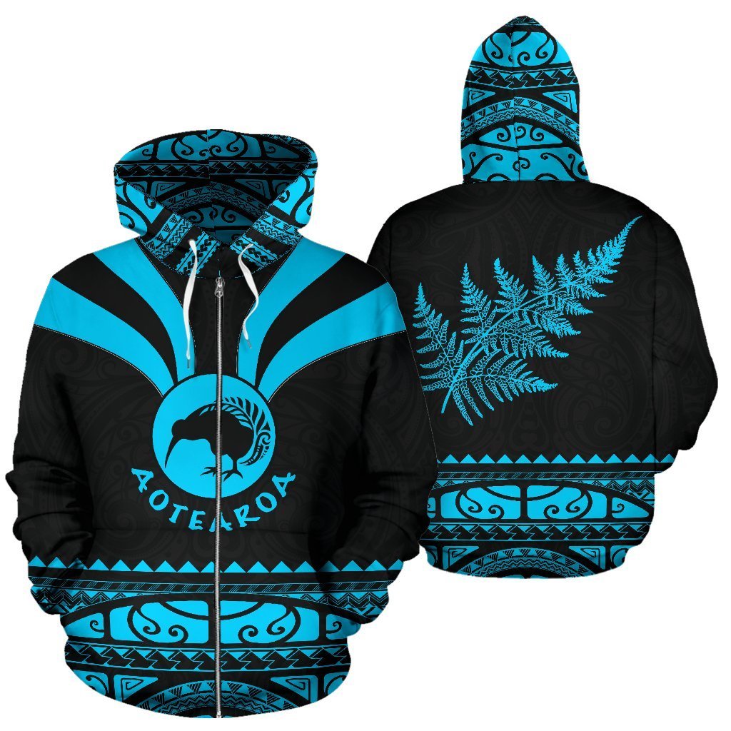 Maori Aotearoa Silver Fern Zip up Hoodie Blue Medal Version Unisex Blue - Polynesian Pride