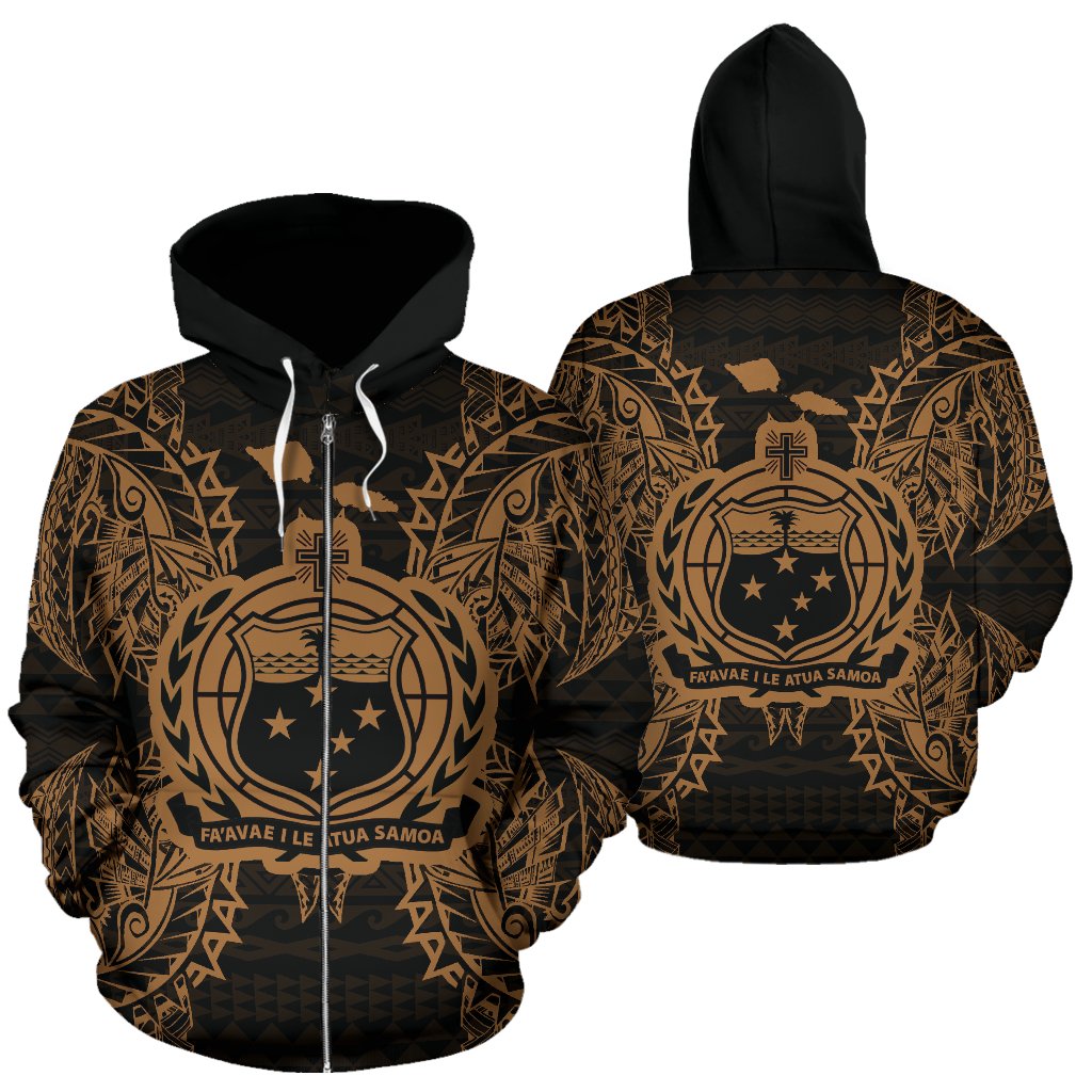 Samoa Polynesian All Over Zip up Hoodie Map Gold Unisex Gold - Polynesian Pride