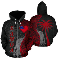 Samoa Polynesian Zip up Hoodie Heart and Coconut Tree Unisex Red - Polynesian Pride