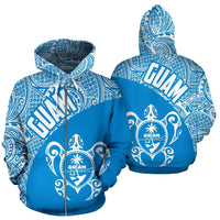 Guam Zip up Hoodie Guam Coat of Arm In Turtle Polynesian Tattoo Blue White Unisex Black - Polynesian Pride