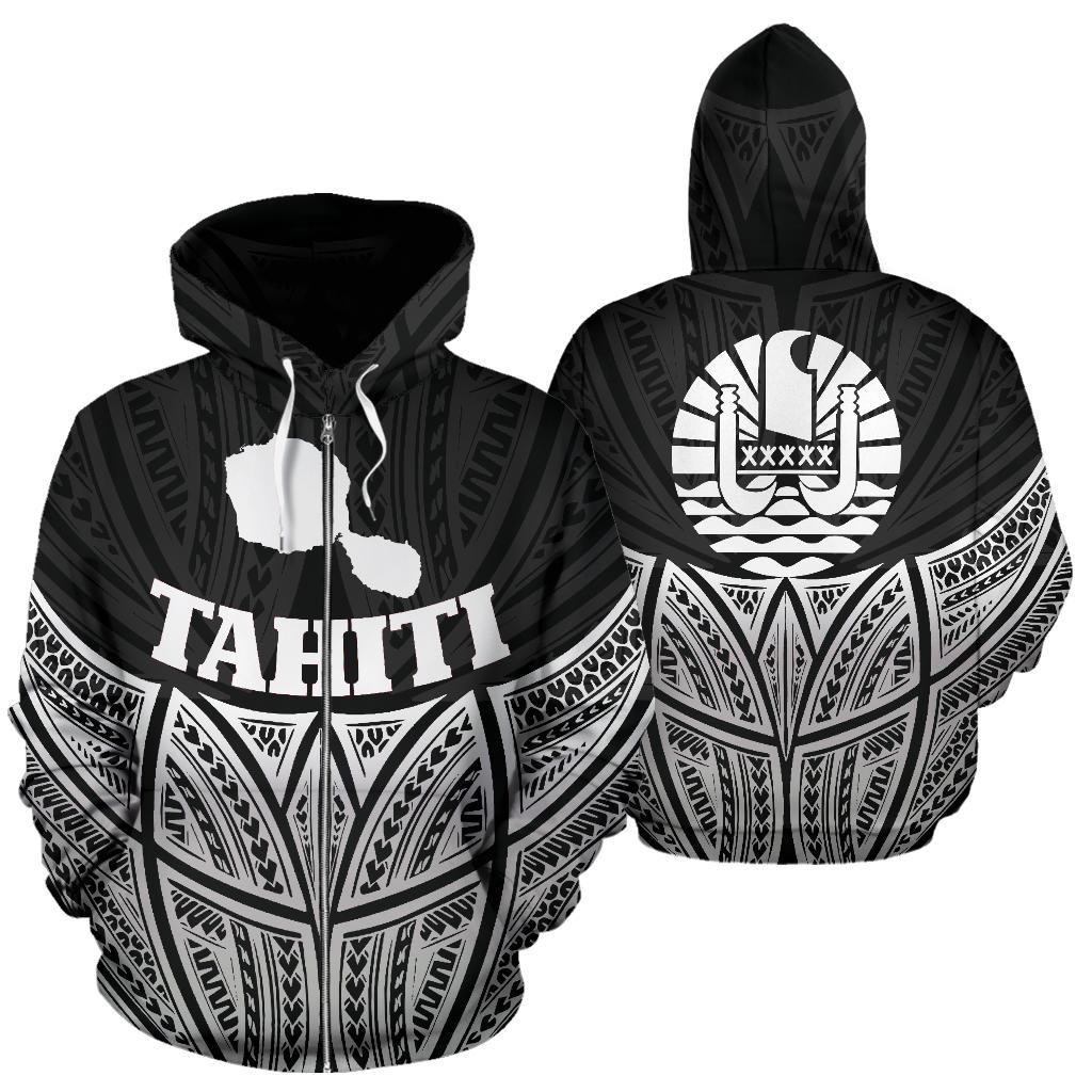 Tahiti Polynesian Zip up Hoodie Black Pride Map and Seal Unisex Black - Polynesian Pride