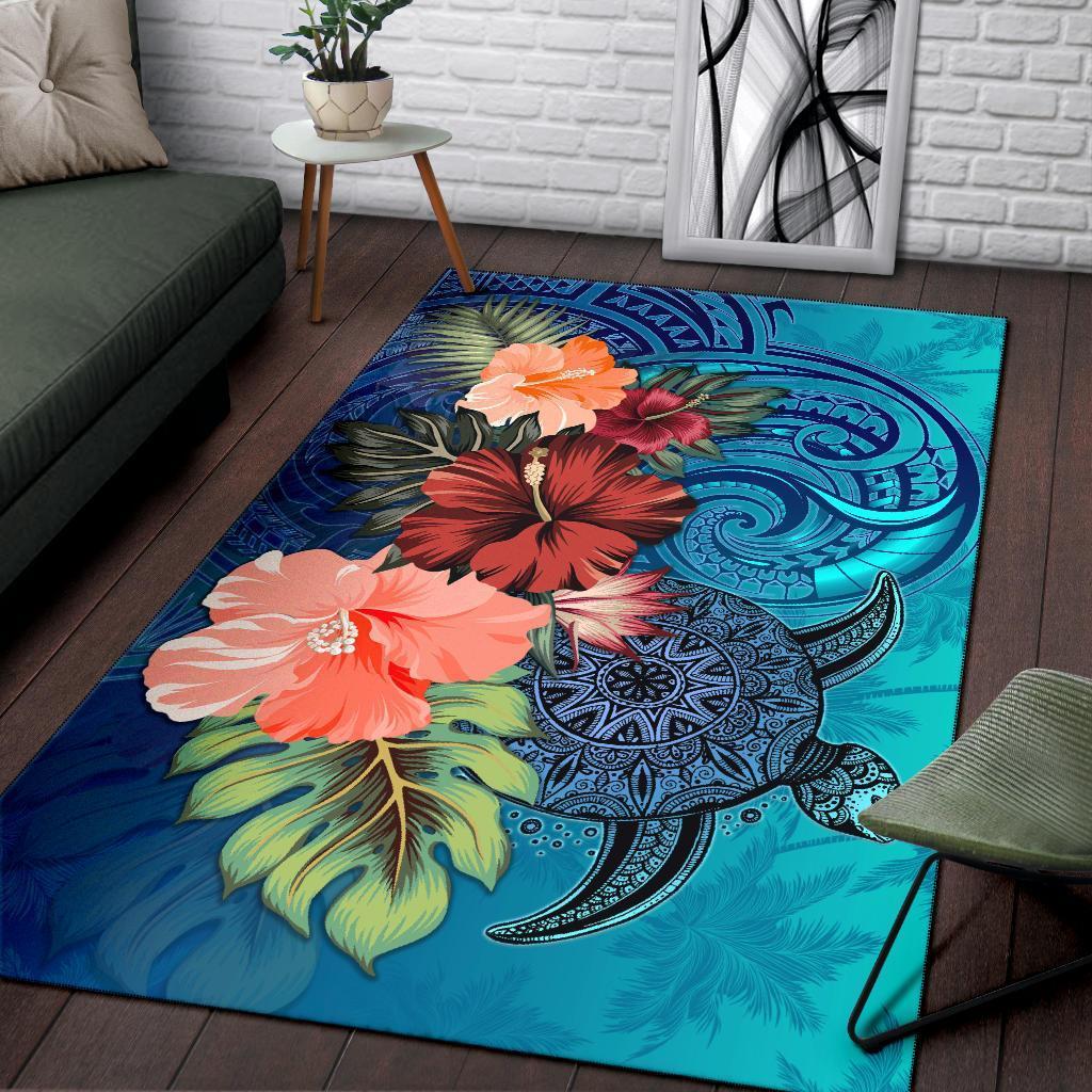 Turtle Polynesian Area Rug Hibiscus Polynesian Blue - Polynesian Pride
