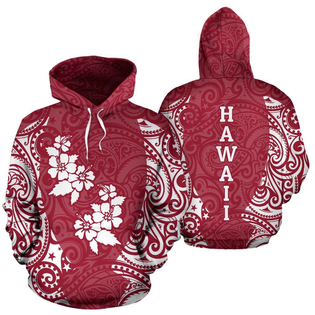 Hawaii Hoodie Hibiscus Polynesian Tattoo Red Unisex Black - Polynesian Pride