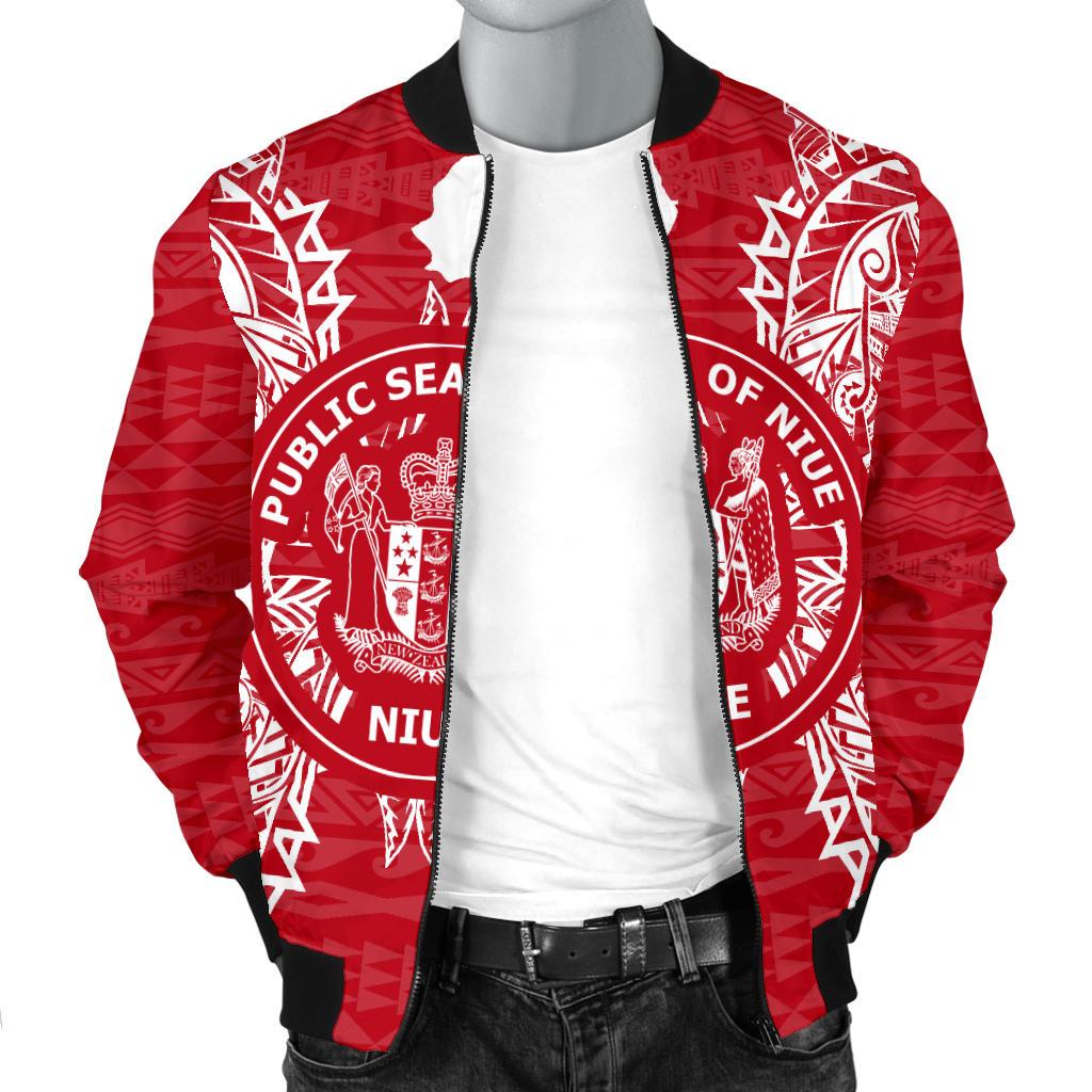 Niue Polynesian Men's Bomber Jacket Map Red White - Polynesian Pride