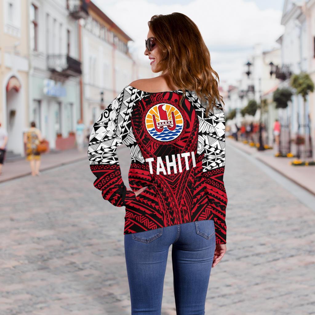 Tahitian Women's Off Shoulder Sweater Polynesian Tattoo Coat Of Arms TH5 - Polynesian Pride