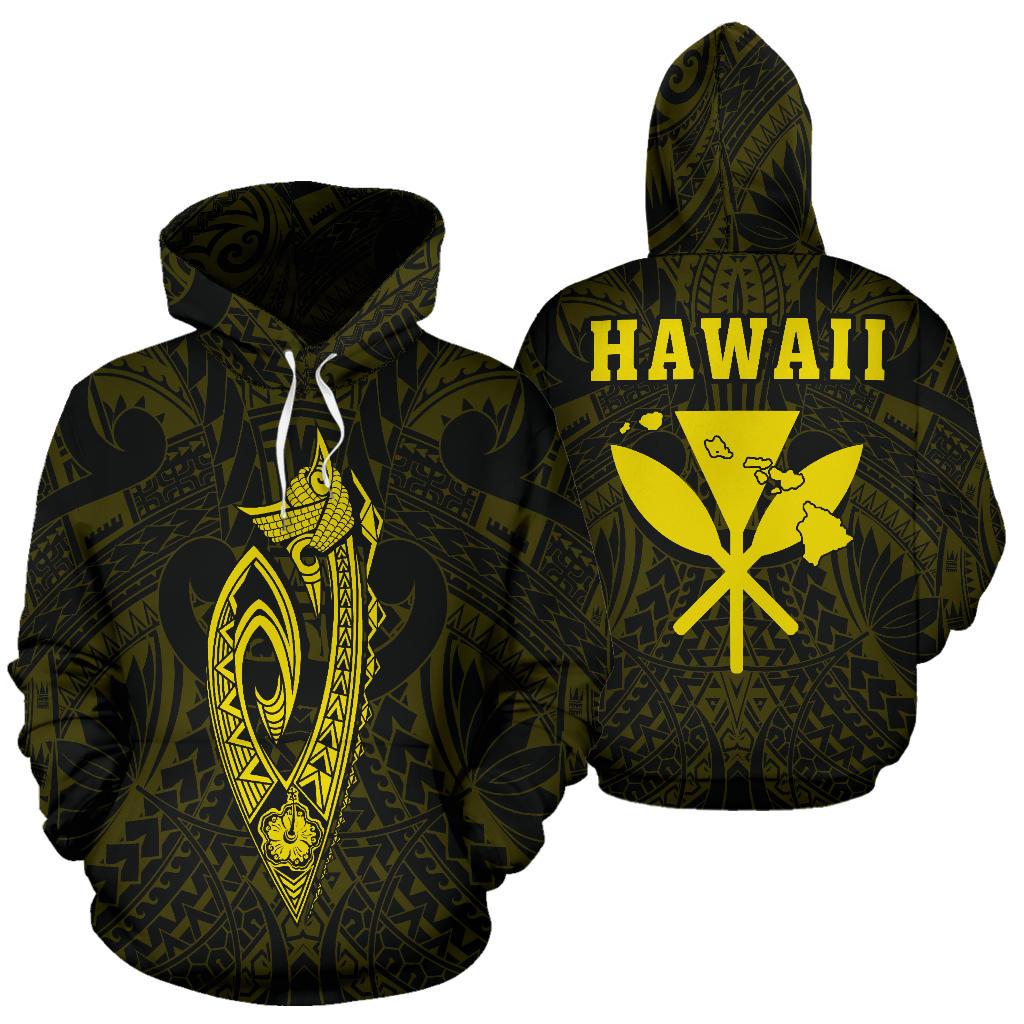 Polynesian Fish Hook Kanaka Map of Hawaii Hoodie Yellow Unisex Yellow - Polynesian Pride