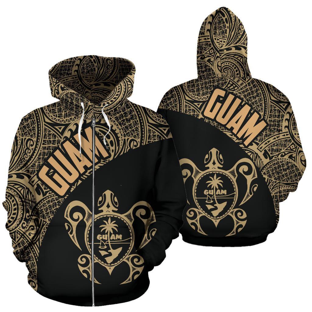 Guam Zip up Hoodie Guam Coat of Arm In Turtle Polynesian Tattoo Unisex Gold - Polynesian Pride
