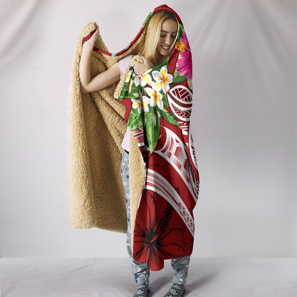 Kosrae Polynesian Hooded Blanket - Summer Plumeria (Red) - Polynesian Pride