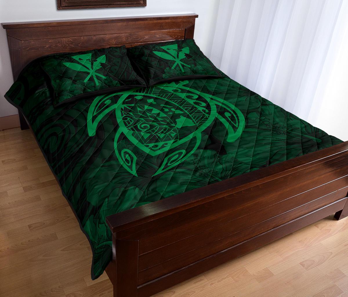 Hawaii Turtle Kanaka Map Hibiscus Poly Quilt Bed Set - Green - Polynesian Pride