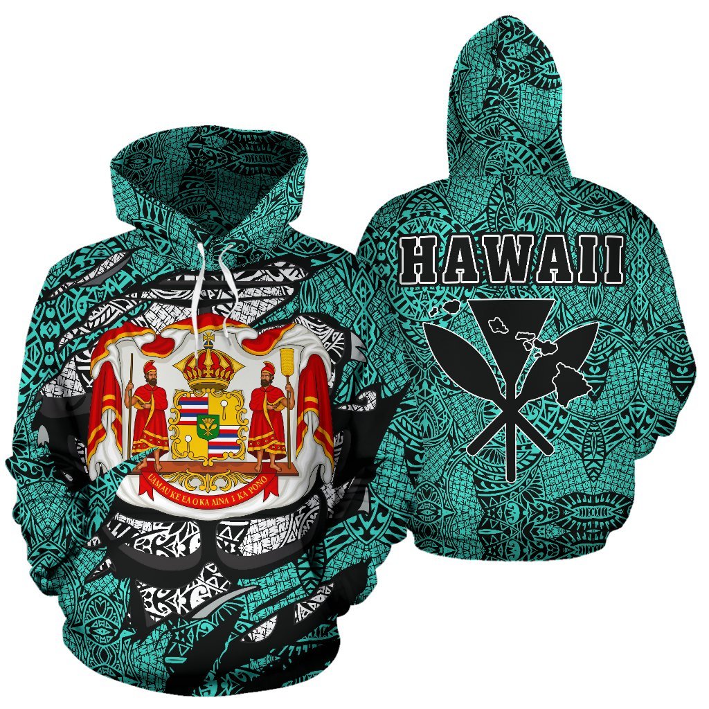 Polynesian Kanaka Maoli Royal Coat of Arms Hawaii Hoodie Turquoise Unisex Turquoise - Polynesian Pride