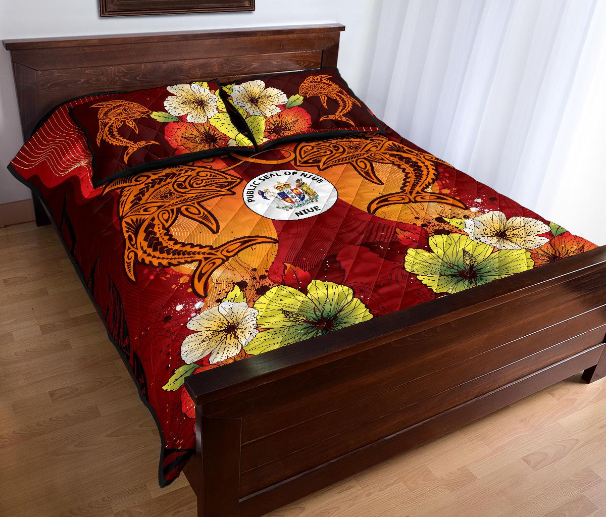 Niue Custom Personalised Quilt Bed Sets - Tribal Tuna Fish Black - Polynesian Pride