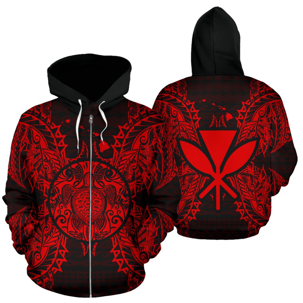 Polynesian Hawaii All Over Zip up Hoodie Map Turtle Red Unisex Red - Polynesian Pride