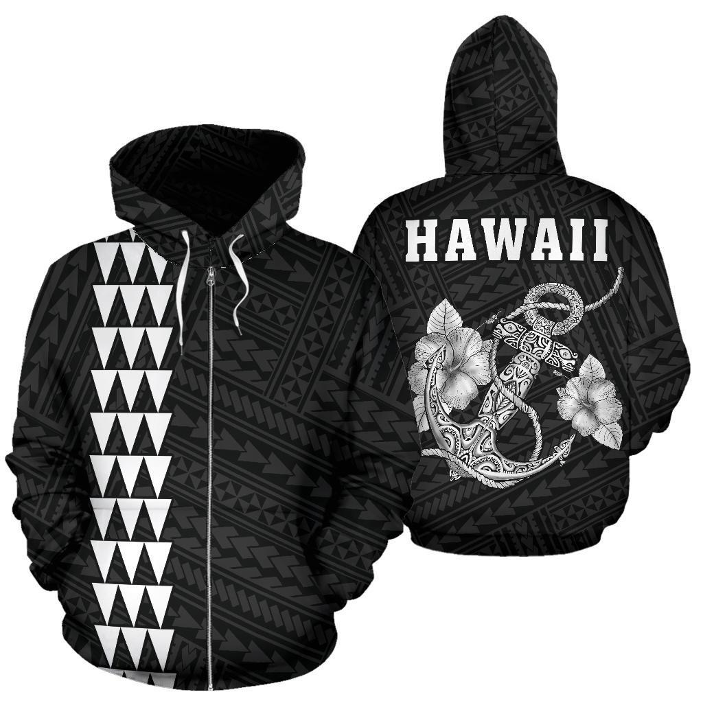 Polynesian Kakau Anchor Hibiscus Hawaii Zip Hoodie White Unisex White - Polynesian Pride
