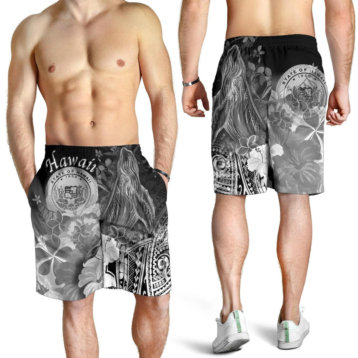 Polynesian Hawaii Men's Shorts - Humpback Whale with Tropical Flowers (White) - Polynesian Pride