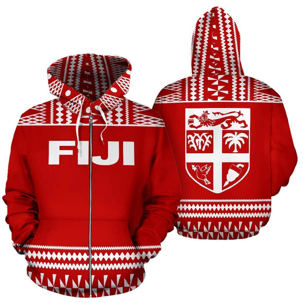 Fiji Tapa All Over Zip up Hoodie Red and White Version Unisex Red And White - Polynesian Pride