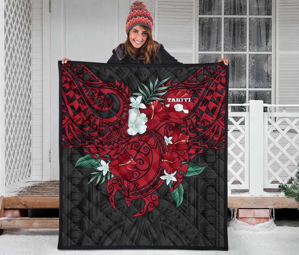 Tahiti Polynesian Premium Quilt - Hibiscus and Sea Turtle (Red) - Polynesian Pride