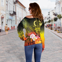 Vanuatu Custom Personalised Women's Off Shoulder Sweater - Humpback Whale with Tropical Flowers (Yellow) - Polynesian Pride