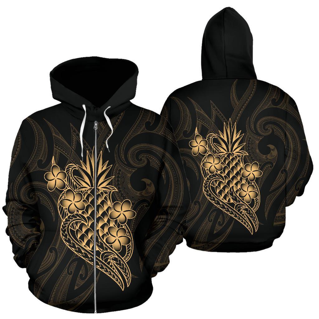 Polynesian All Over Zip up Hoodie Gold Pineapple Unisex Black - Polynesian Pride